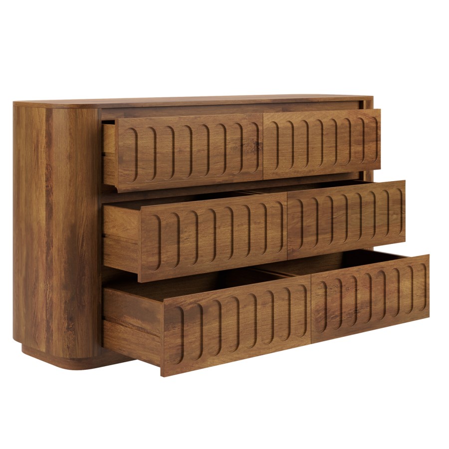 Wide Dark Wood Curved 6 Drawer Chest of Drawers - Fully Assembled - Meena