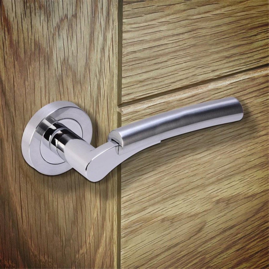 Internal Silver Polished/Satin Chrome Bathroom Lever Door Handle with Lock, Latch and Hinges Pack - 65mm Latch - Meuse - XL Joinery
