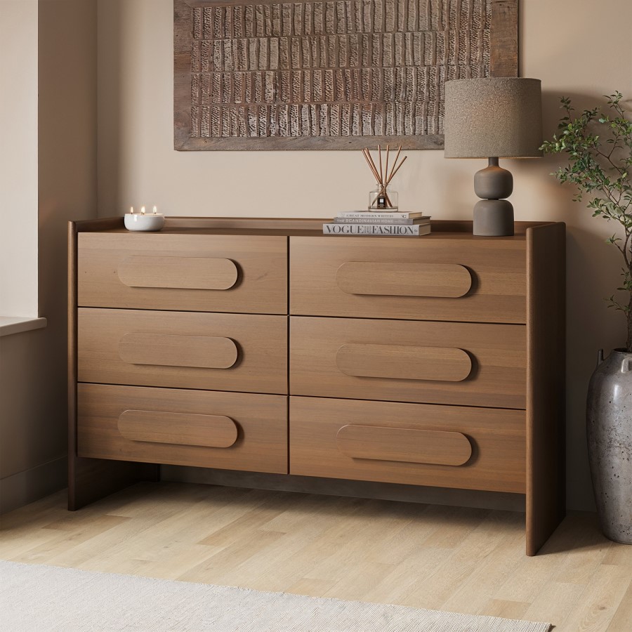 Wide Dark Wood 6 Drawer Chest of Drawers - Margot