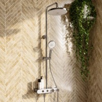 Chrome Round Thermostatic 3 Outlet Mixer Shower Set with Bath Filler Spout Push Buttons and Shelf - Mika