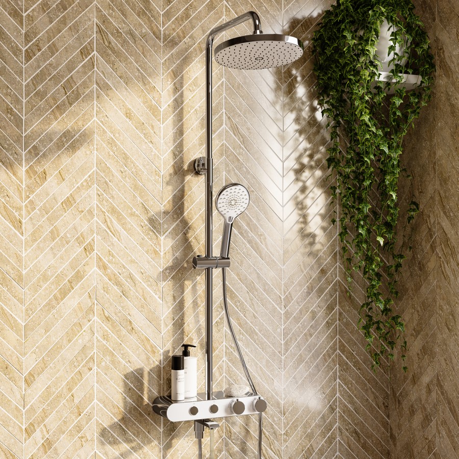 Chrome Round Thermostatic 3 Outlet Mixer Shower Set with Bath Filler Spout Push Buttons and Shelf - Mika