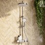Chrome Round Thermostatic 3 Outlet Mixer Shower Set with Bath Filler Spout Push Buttons and Shelf - Mika
