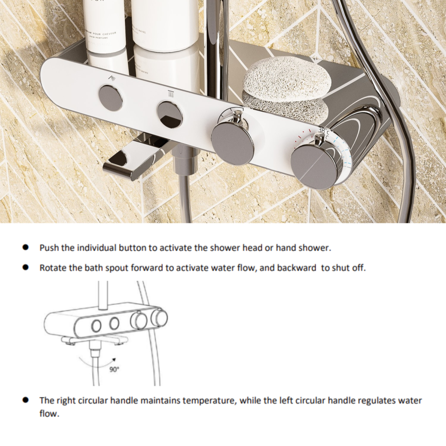 Chrome Round Thermostatic 3 Outlet Mixer Shower Set with Bath Filler Spout Push Buttons and Shelf - Mika