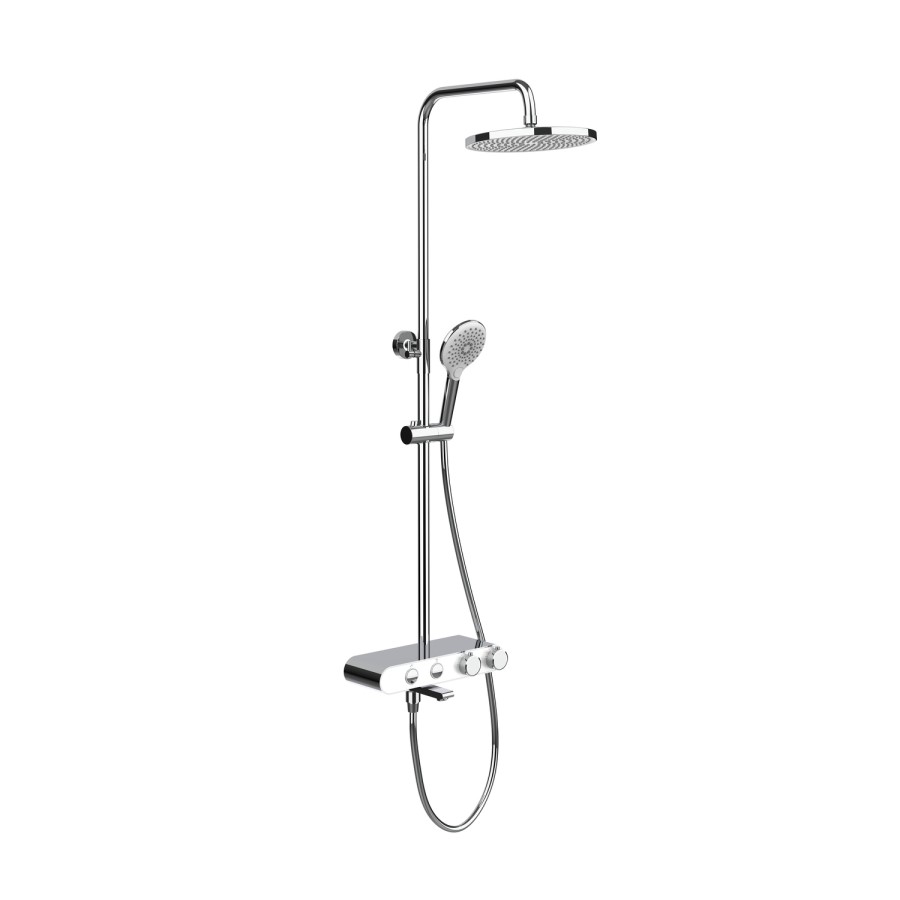 Chrome Round Thermostatic 3 Outlet Mixer Shower Set with Bath Filler Spout Push Buttons and Shelf - Mika