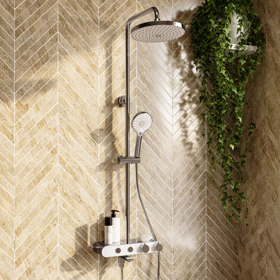 Chrome Round Thermostatic 3 Outlet Mixer Shower Set with Bath Filler Spout Push Buttons and Shelf - Mika