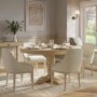 Farmhouse Round Extending Pedestal Dining Table Set with 4 Beige Upholstered Dining Chairs - Seats 4 - Madeline