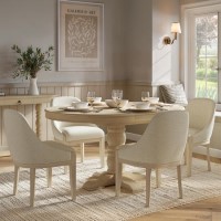 Farmhouse Round Extending Pedestal Dining Table Set with 4 Beige Upholstered Dining Chairs - Seats 4 - Madeline