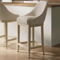 Beige Upholstered Kitchen Stool with Solid Wood Legs - Madeline