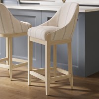 Beige and Blue Striped Upholstered Kitchen Stool with Solid Wood Legs - Madeline