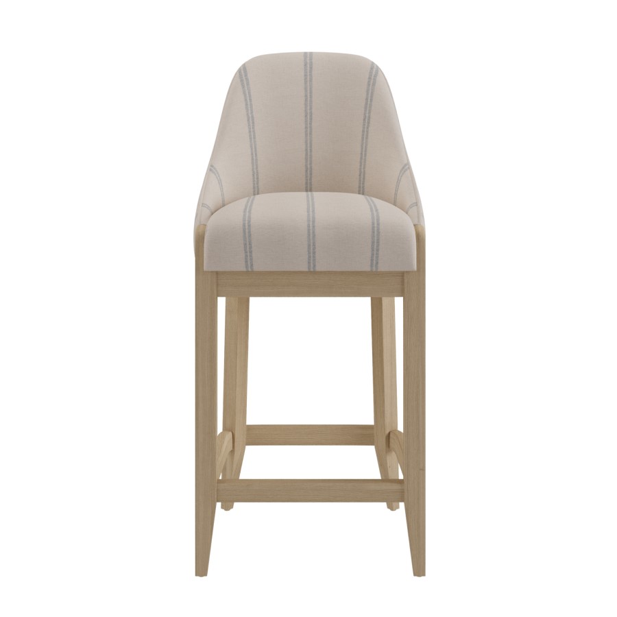 Set of 2 Beige and Blue Striped Upholstered Kitchen Stools with Solid Wood Legs - Madeline