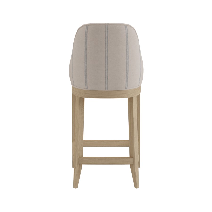 Set of 2 Beige and Blue Striped Upholstered Kitchen Stools with Solid Wood Legs - Madeline