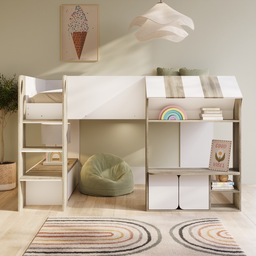 White and Oak Mid Sleeper Cabin bed with Storage - Marcel