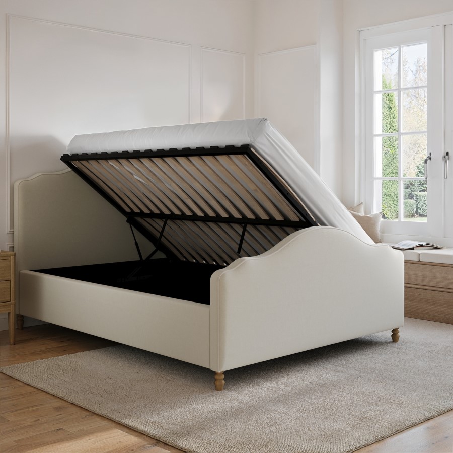 Beige Upholstered King Size Side-Lift Ottoman Storage Bed with Legs - Marie