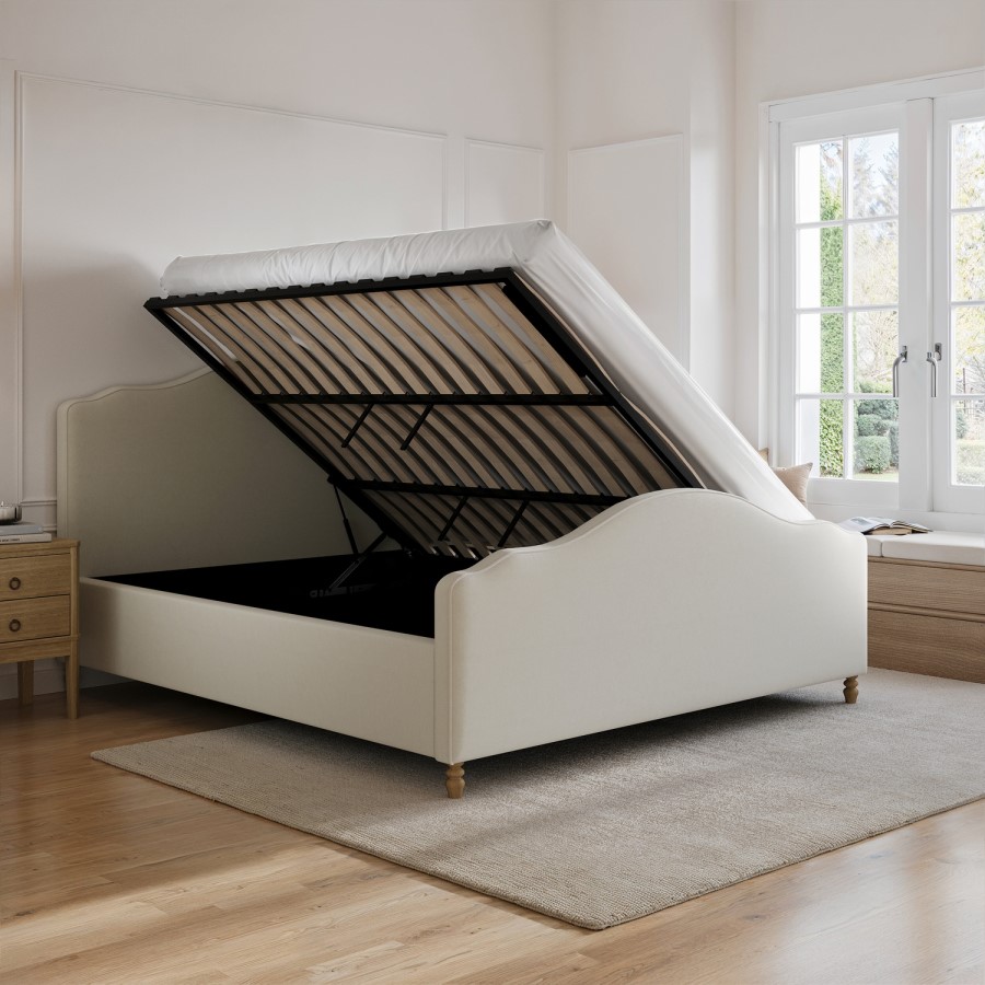 Beige Upholstered Super King Side-Lift Ottoman Storage Bed with Legs - Marie