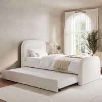 Cream Boucle Single Guest Bed with Trundle and Curved Headboard - Naomi