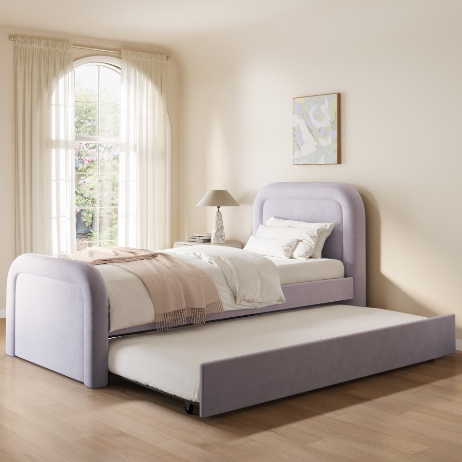 Lilac Upholstered Single Guest Bed with Trundle and Curved Headboard - Naomi