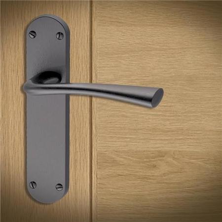 Internal Satin Black Bathroom Lever Door Handle with Lock, Latch and Hinges Pack - 75mm Latch - Neva - XL Joinery