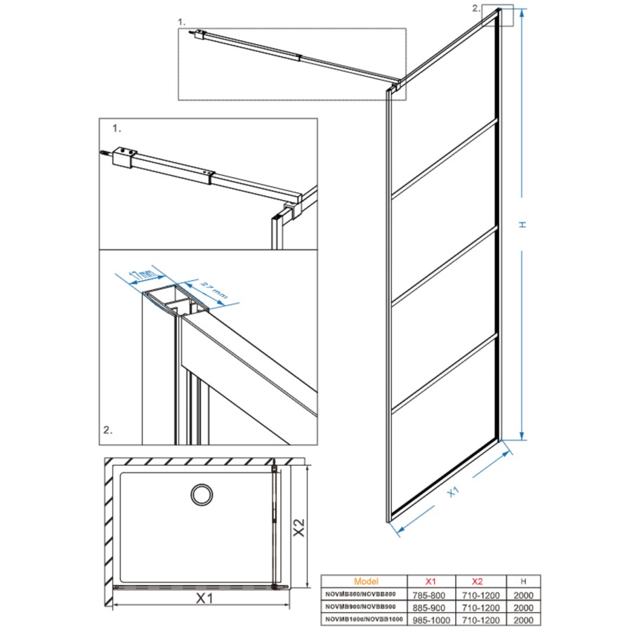 1000mm Black Grid Shower Screen for Wet Room & Walk In Shower - Nova