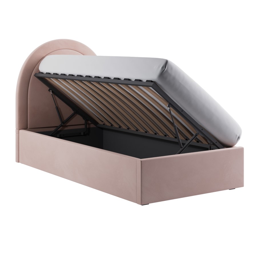 Pink Velvet Single Side-Lift Ottoman Bed with Curved Headboard - Nora