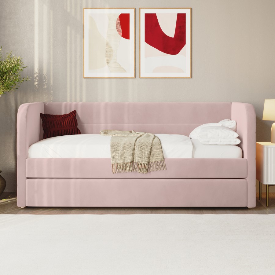 GRADE A1 - Velvet Single Day Bed with Trundle in Pink - Newton