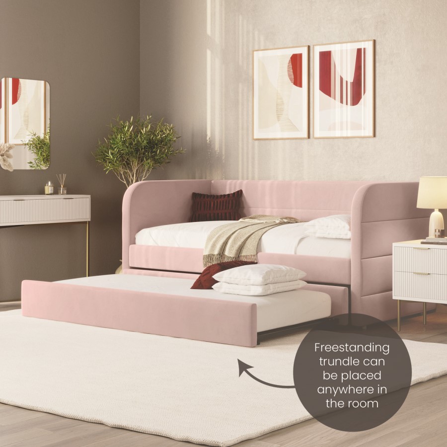 GRADE A1 - Velvet Single Day Bed with Trundle in Pink - Newton