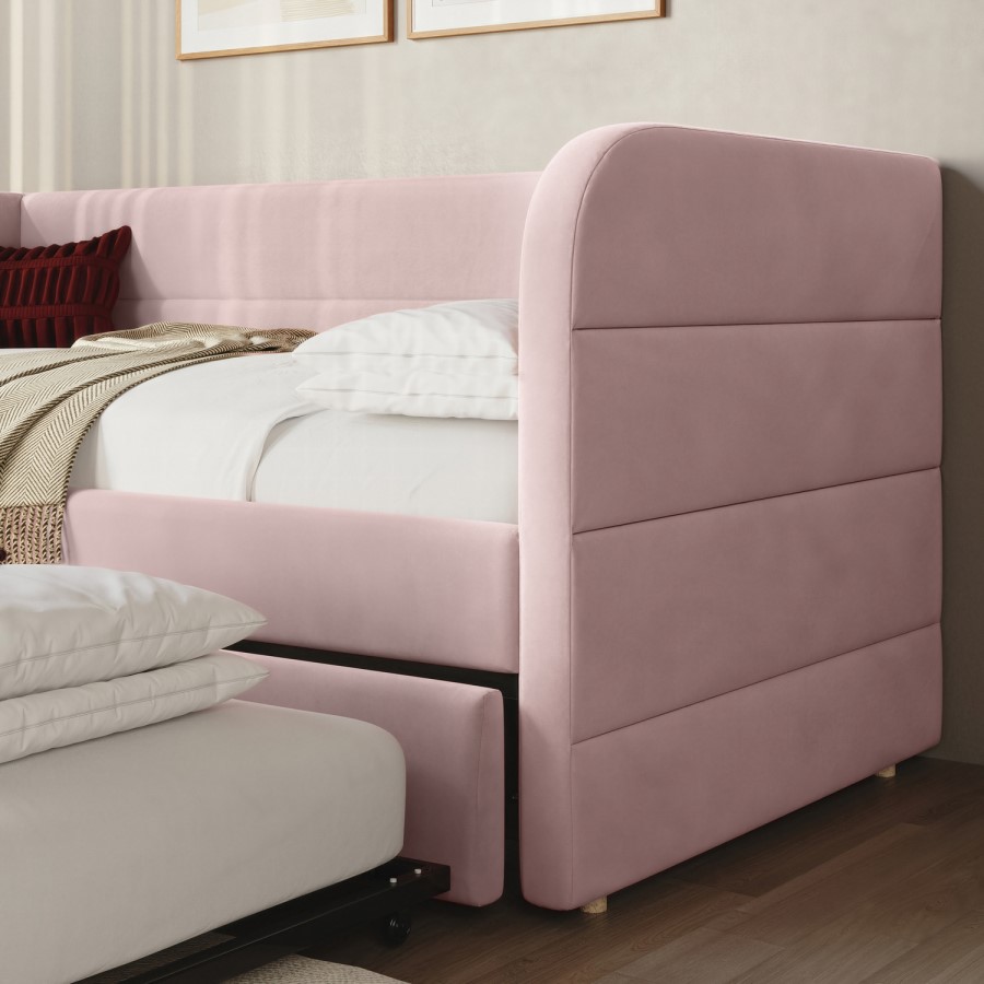 GRADE A1 - Velvet Single Day Bed with Trundle in Pink - Newton