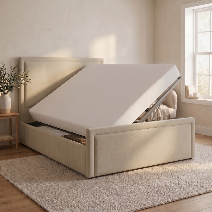 Beige Upholstered Double Side Lift Ottoman Bed - Joan