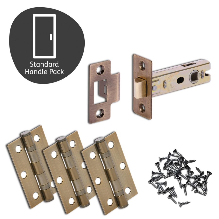Internal Antique Bronze Bathroom Lever Door Handle with Lock, Latch and Hinges Pack - 65mm Latch - Oglio - XL Joinery