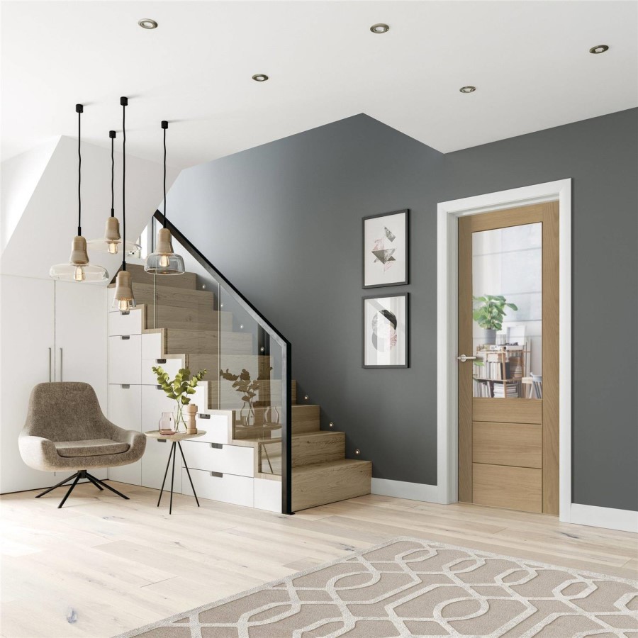 Internal Oak Half-Glazed FD30 Fire Door with Clear Etched Glass - Unfinished - 2040 x 826 x 44mm - Palermo Premium - XL Joinery