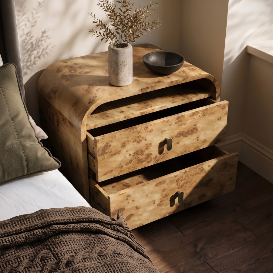 Wide Light Burl Wood Effect 2 Drawer Bedside Table - Oriana