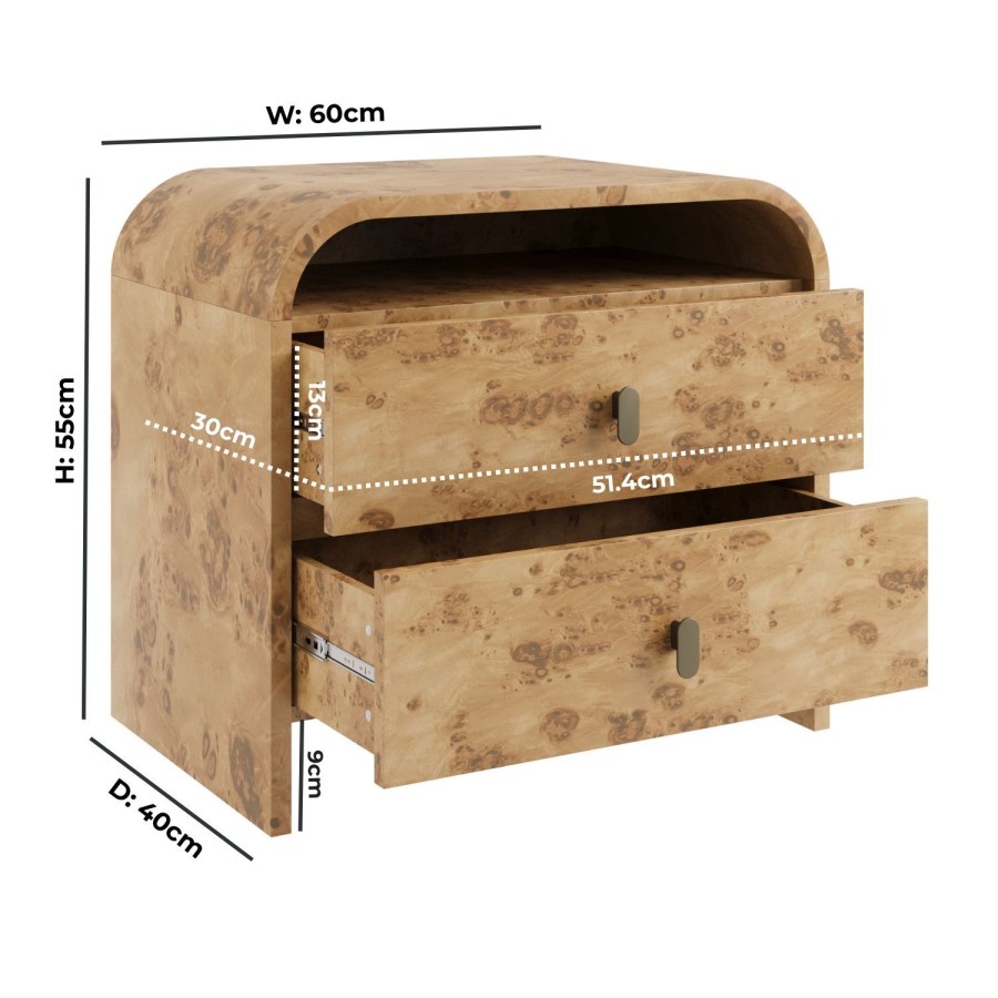 Wide Light Burl Wood Effect 2 Drawer Bedside Table - Oriana
