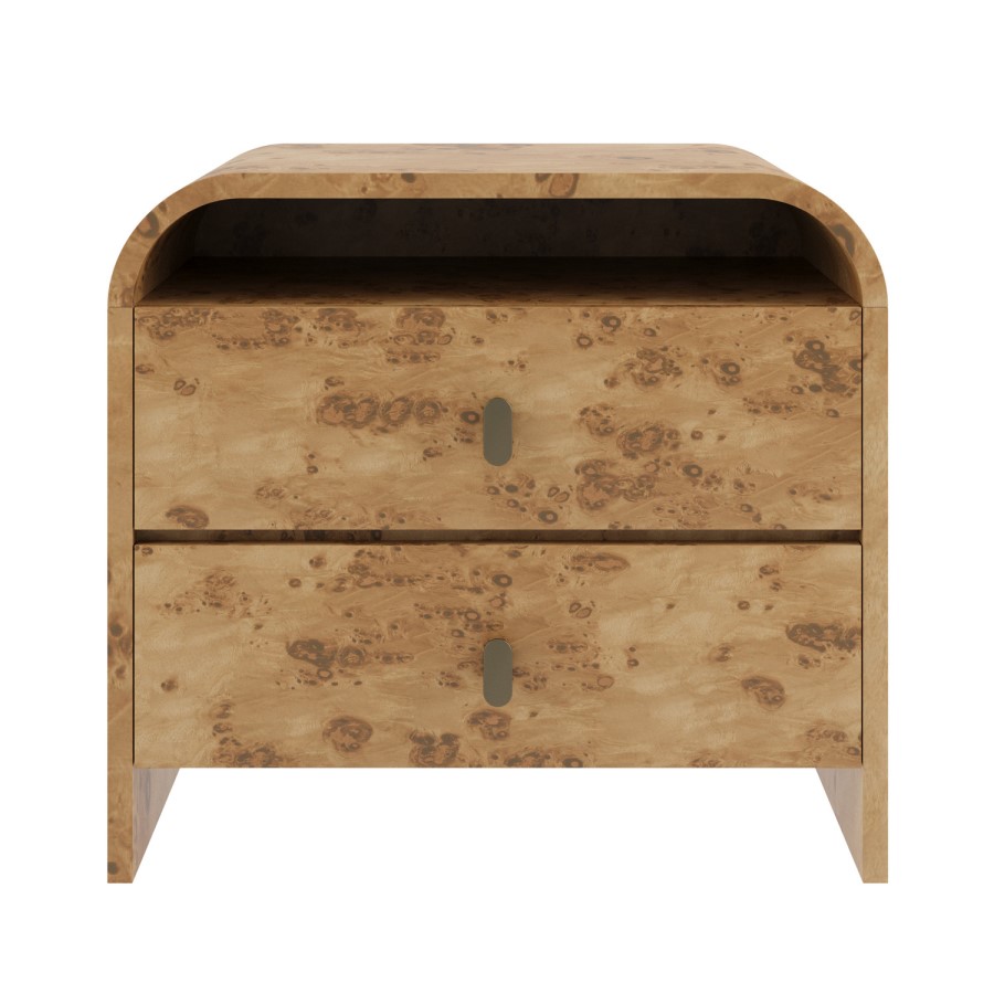 Wide Light Burl Wood Effect 2 Drawer Bedside Table - Oriana