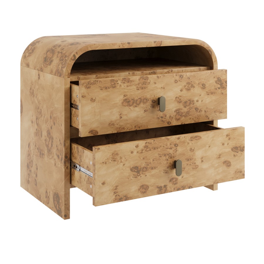 Wide Light Burl Wood Effect 2 Drawer Bedside Table - Oriana