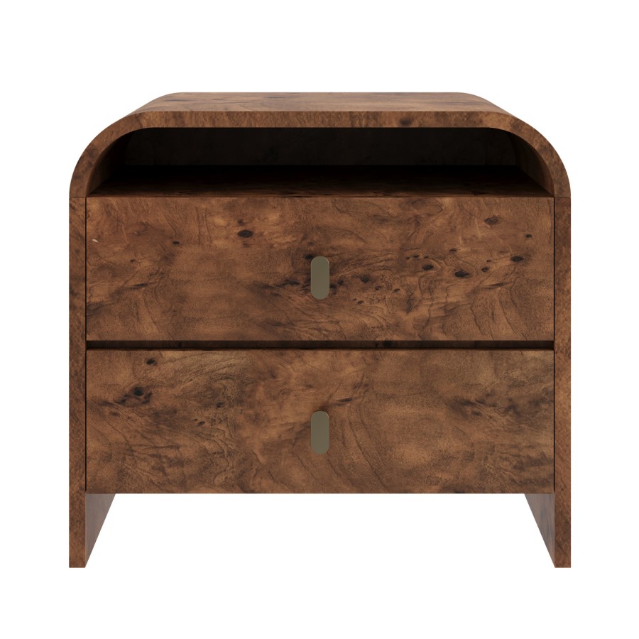 Wide Dark Burl Wood Effect 2 Drawer Bedside Table - Oriana