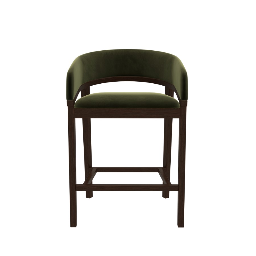 ONLY OPENED - Walnut & Olive Green Velvet Curved Kitchen Stool with Back - Owen