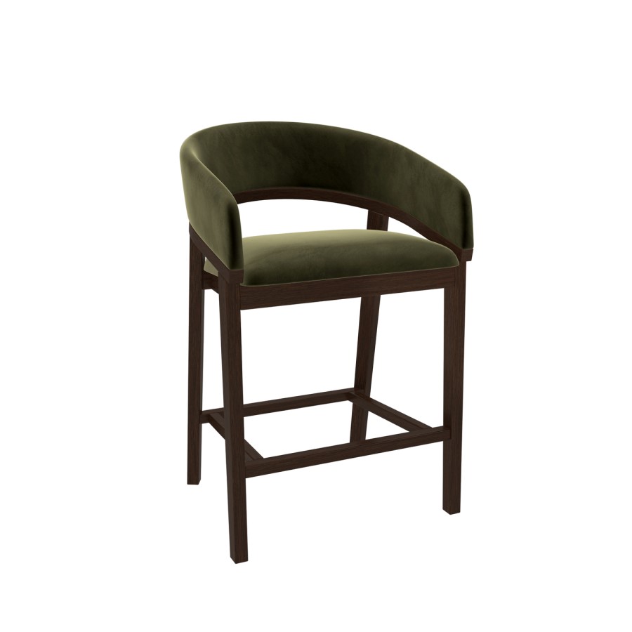 ONLY OPENED - Walnut & Olive Green Velvet Curved Kitchen Stool with Back - Owen