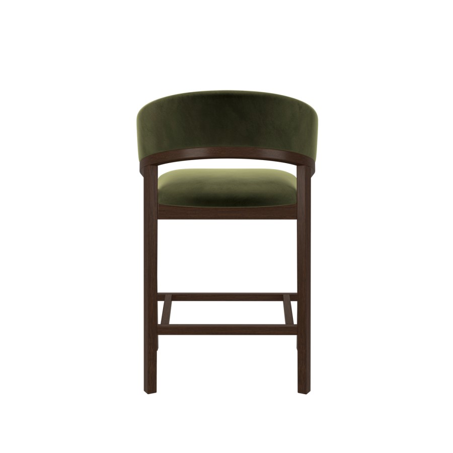 ONLY OPENED - Walnut & Olive Green Velvet Curved Kitchen Stool with Back - Owen