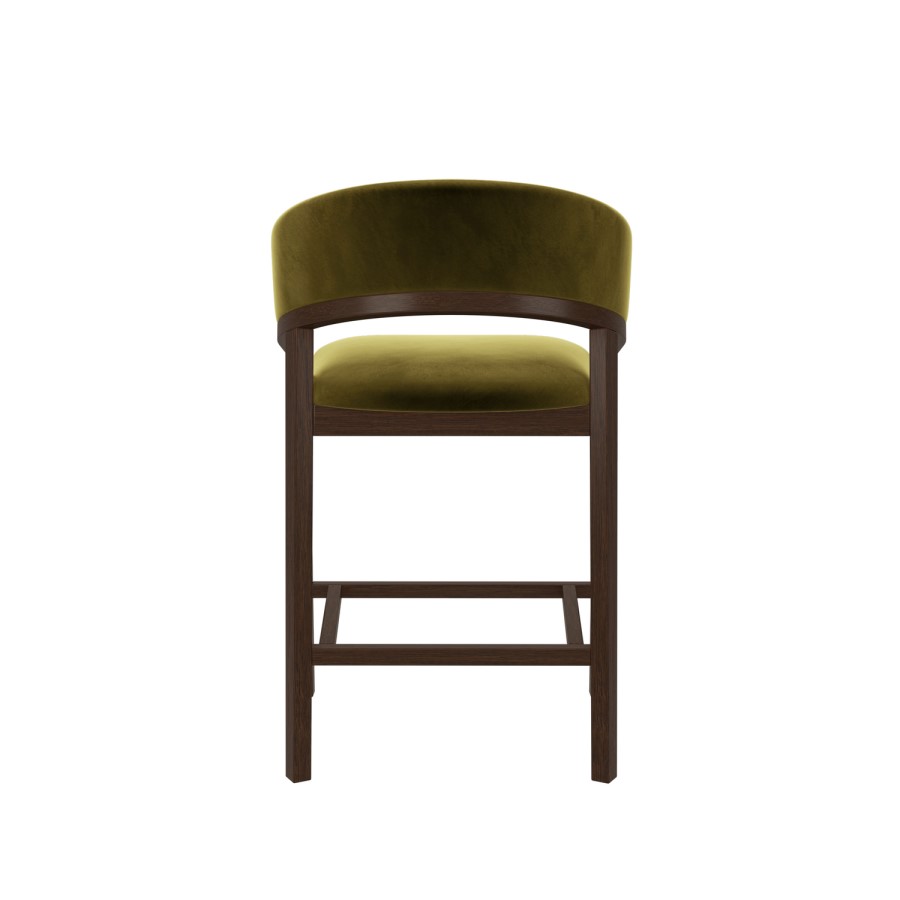 Walnut & Olive Green Velvet Curved Kitchen Stool with Back - Owen