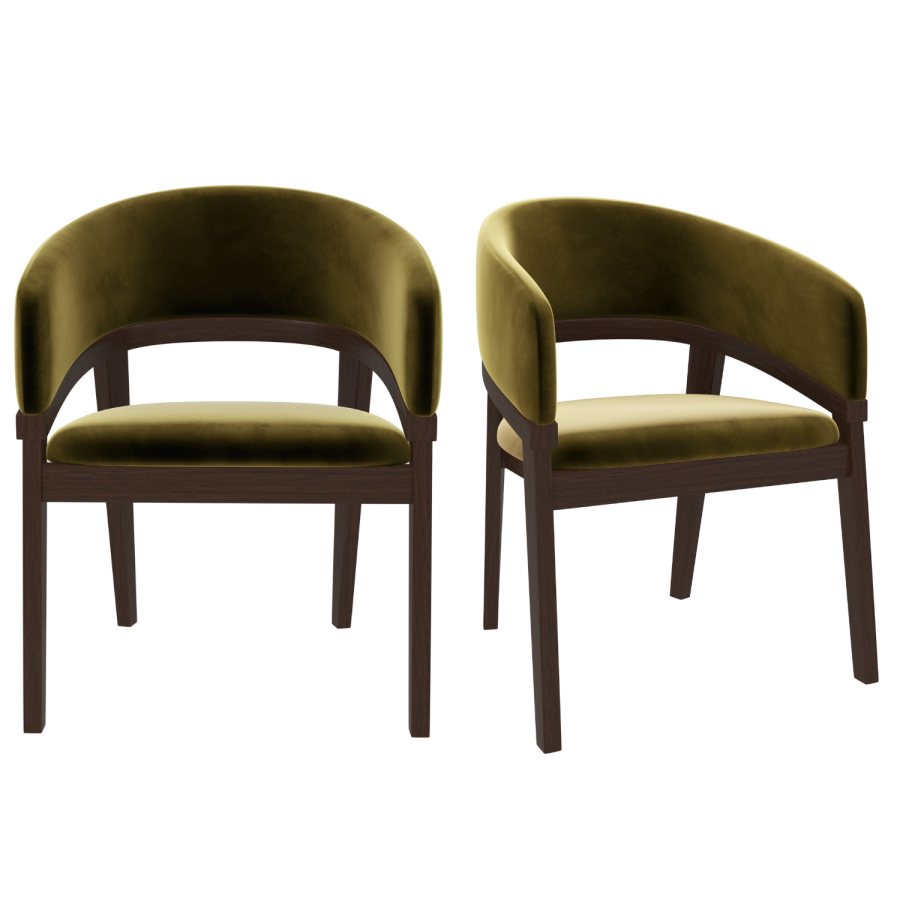 Set of 2 Walnut & Olive Green Velvet Curved Dining Chairs - Owen
