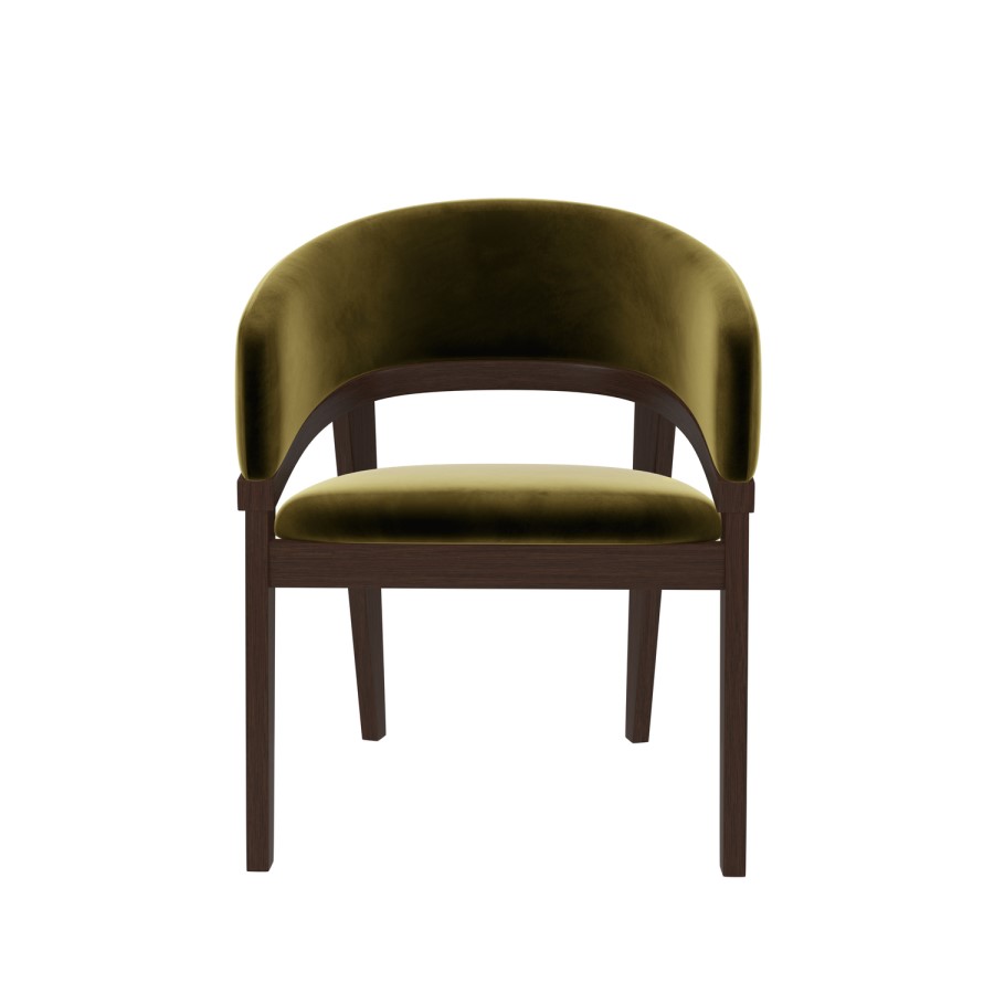 Set of 2 Walnut & Olive Green Velvet Curved Dining Chairs - Owen