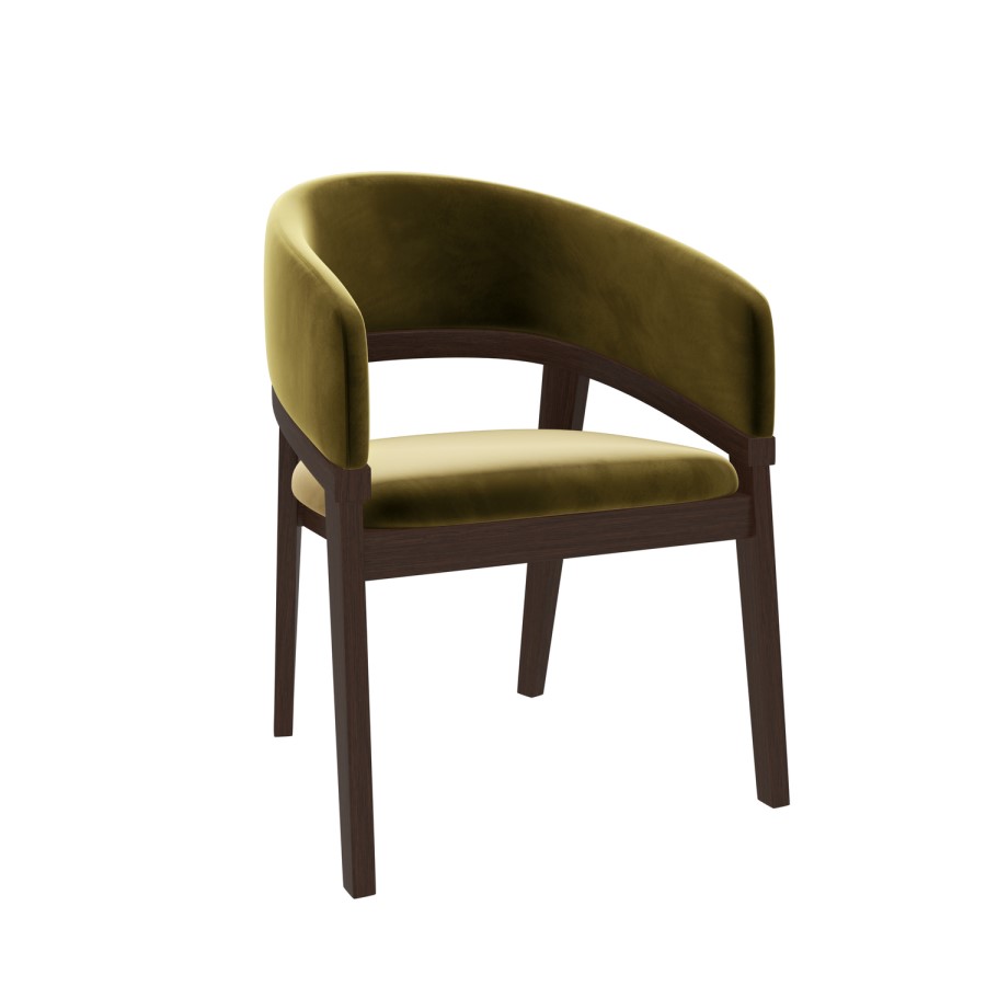 Set of 2 Walnut & Olive Green Velvet Curved Dining Chairs - Owen