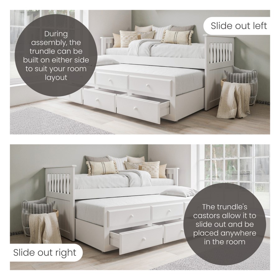 Single White Wooden Guest Bed with 3 Drawers and Trundle - Oxford