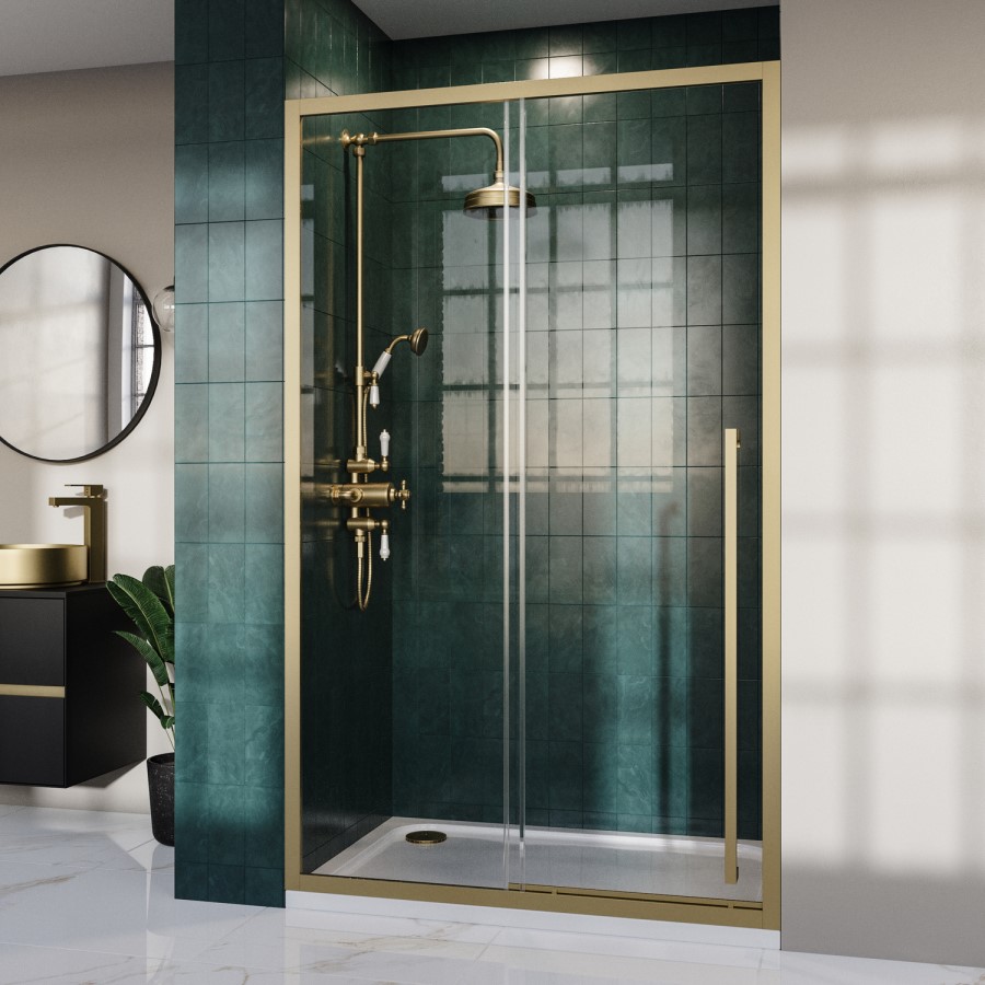1000mm Brushed Brass Sliding Door Shower Enclosure 8mm Glass with Extended Handle - Pavo