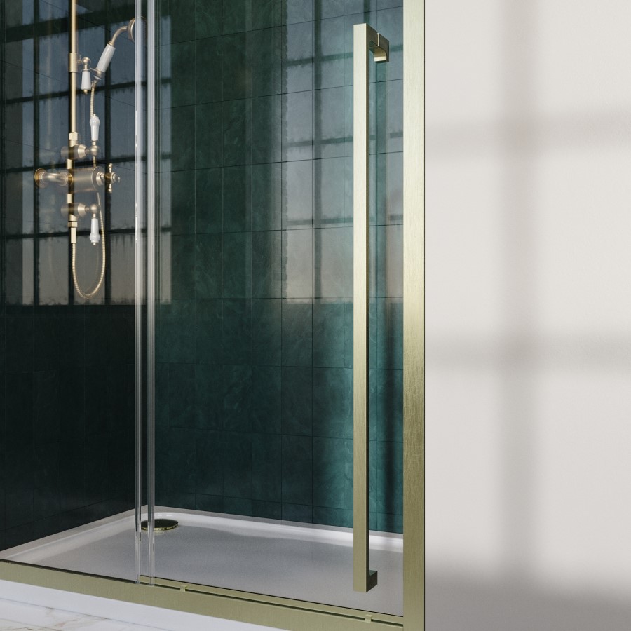 1000mm Brushed Brass Sliding Door Shower Enclosure 8mm Glass with Extended Handle - Pavo