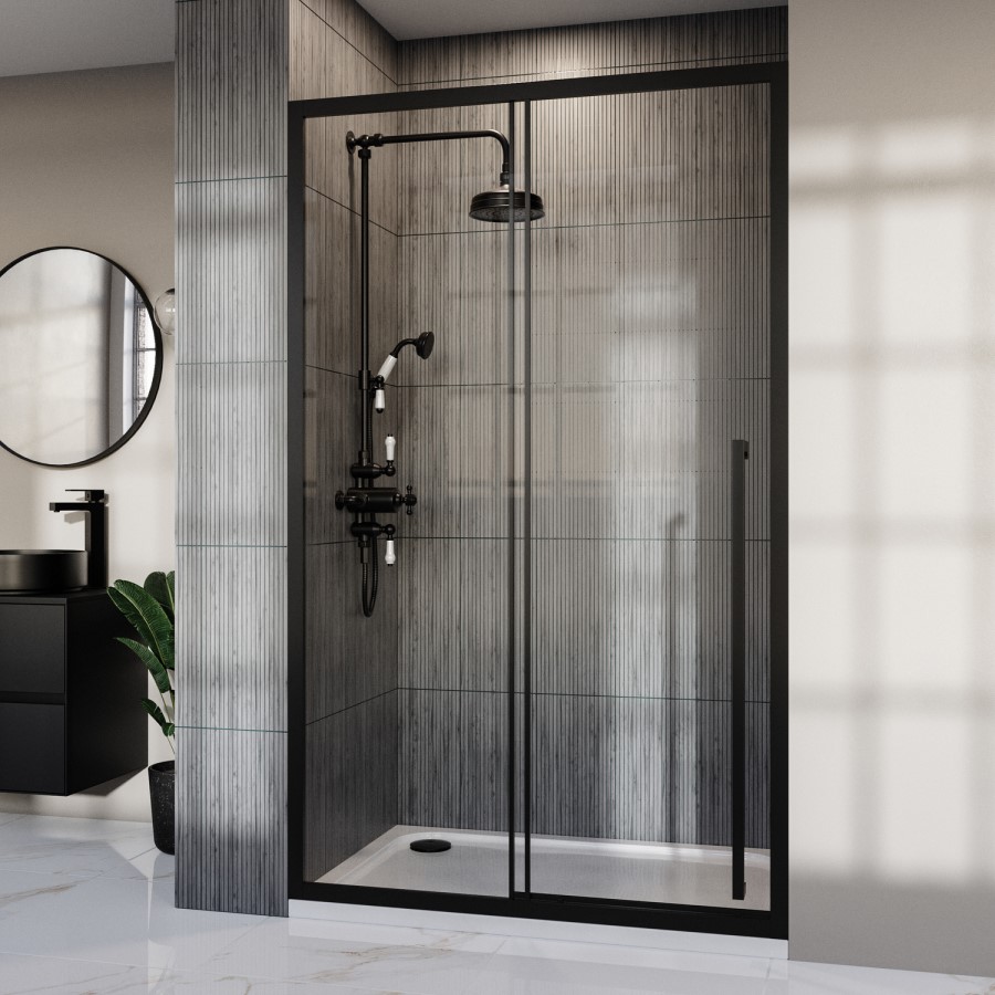1000mm Black Sliding Door Shower Enclosure 8mm Glass with Extended Handle - Pavo