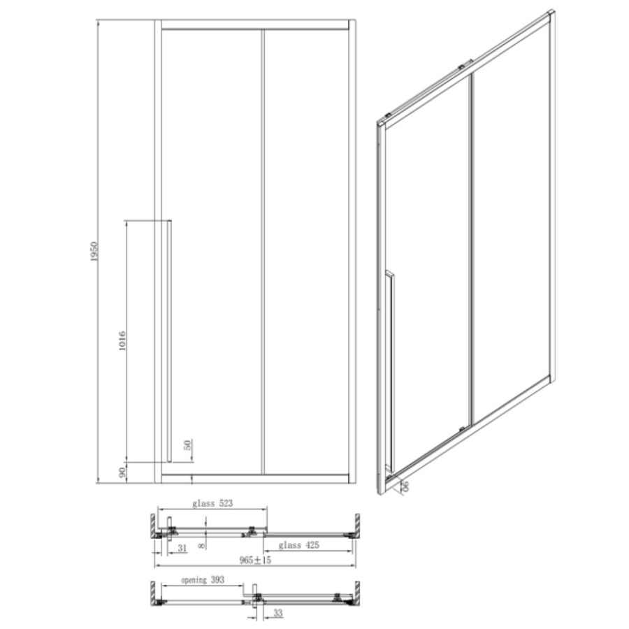 1000mm Black Sliding Door Shower Enclosure 8mm Glass with Extended Handle - Pavo