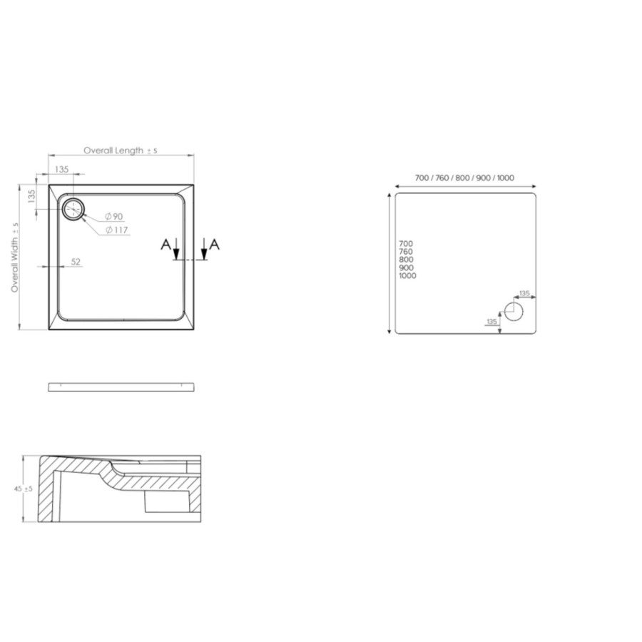 800x800mm Square 45mm White Stone Resin Shower Tray – Pearl