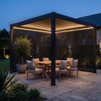 3 x 3m Heavy Duty Aluminium Charcoal Automatic Louvred Pergola with LED Lighting & 2 Textilene Side Panels