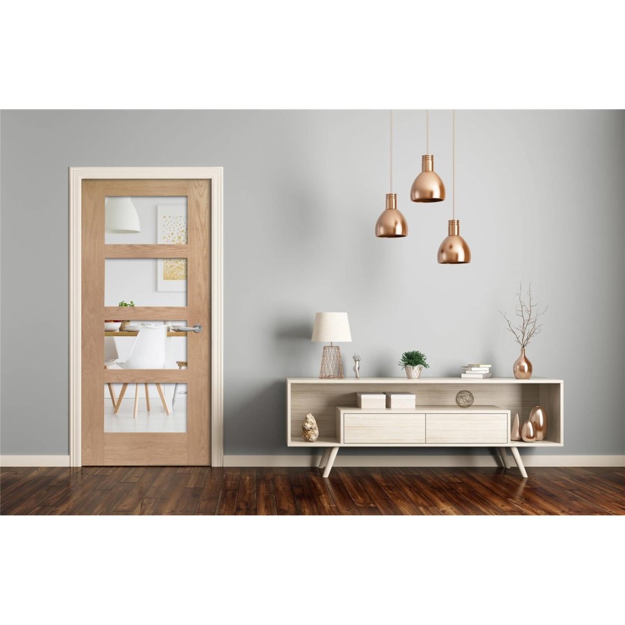 Internal Oak 4-Panel Shaker FD30 Fire Door with Clear Glass - Pre-Finished - 1981 x 838 x 44mm - XL Joinery