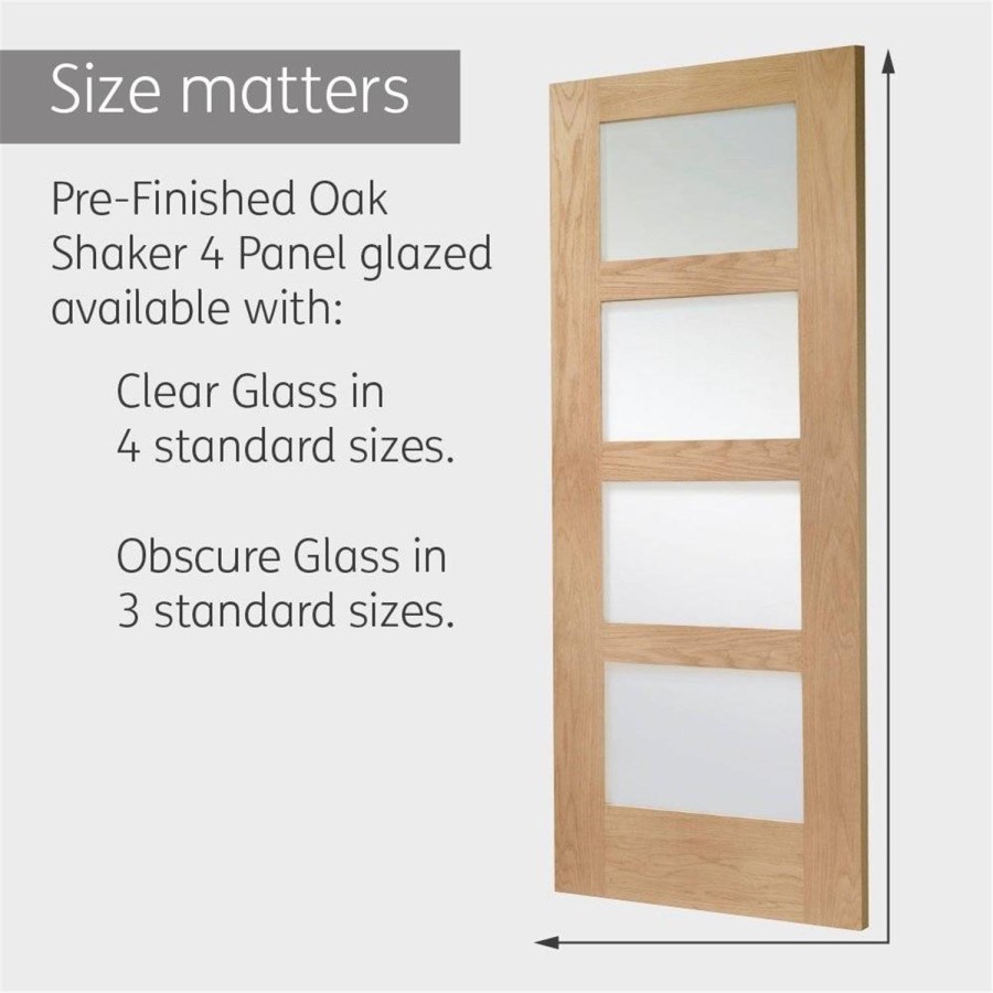 Internal Oak 4-Panel Shaker Door with Clear Glass - Pre-Finished - 2040 x 726 x 40mm - 4 Light - XL Joinery